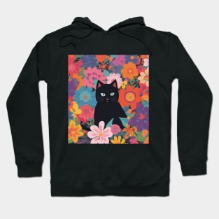 Bewitching Blooms, Black Cat in a Vibrant Garden Hoodie